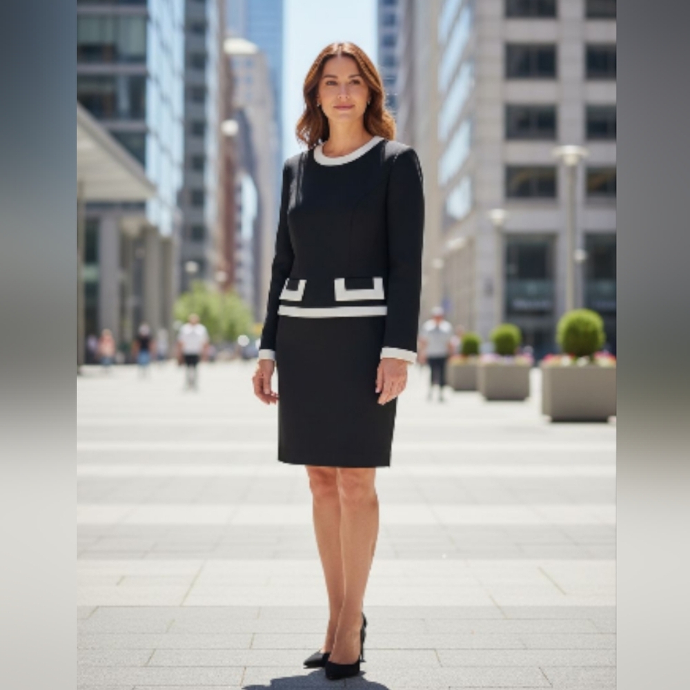 First Focus Elegant Black and White Women's 2pc Suit Sz 3/4